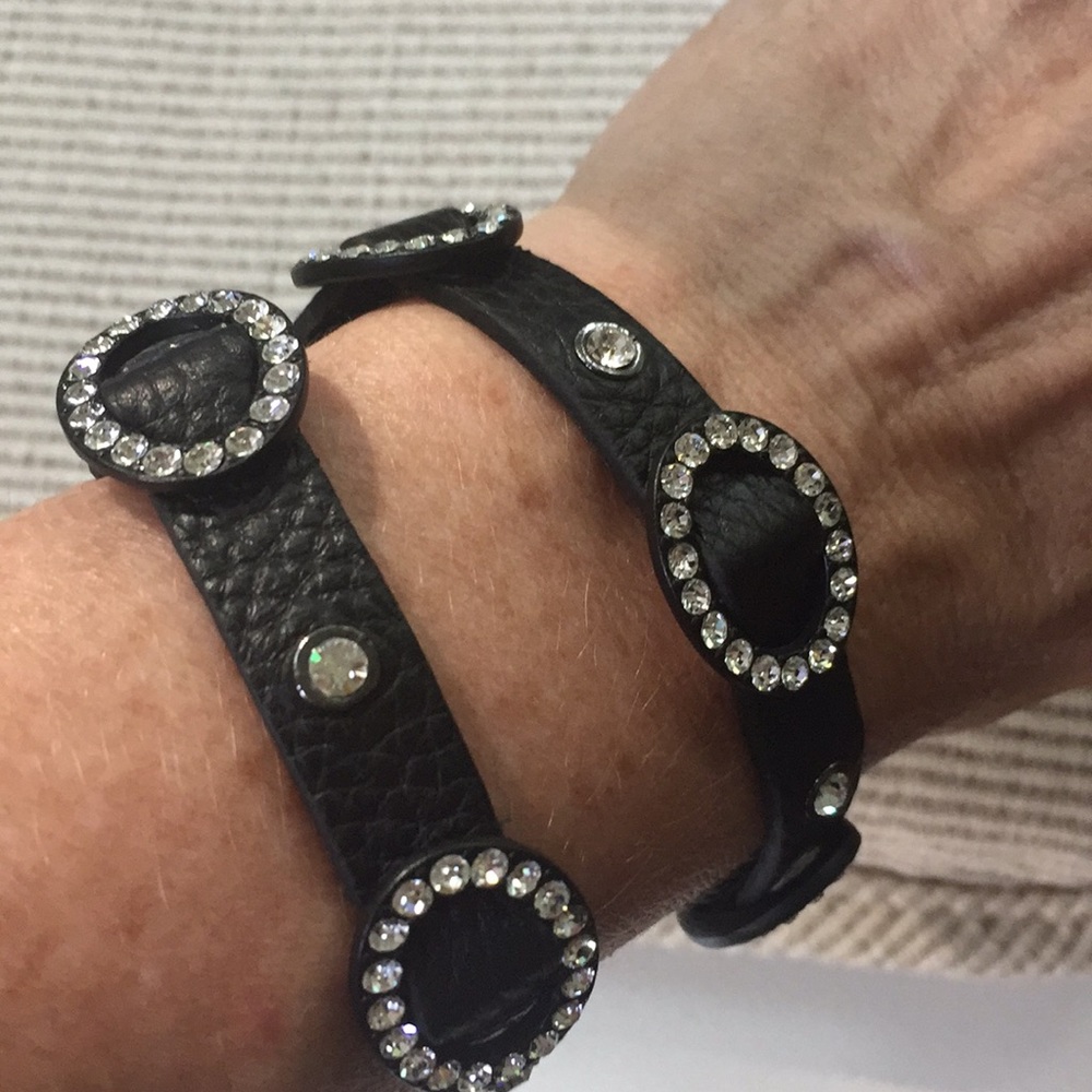 Black leather 16” wrap bracelet with rhinestones